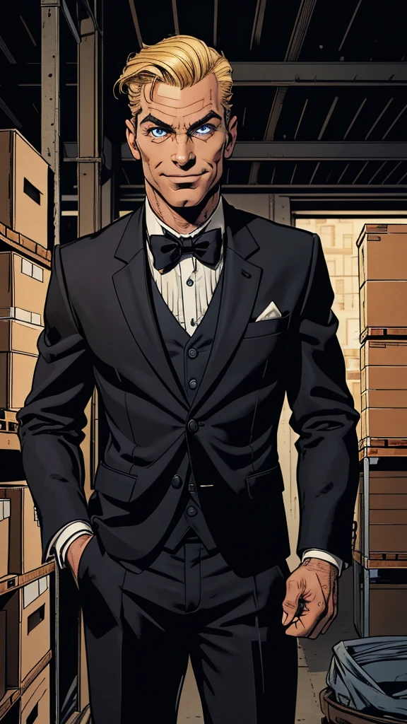 Caucasian male, 45 years old, (blond hair and eyebrows, short parting to the left, quiff style), square face, blue eyes, Roman nose, clean shaven, ((penetrating gaze, sinister smile)), mesomorph, fit, tall, ((wearing a suit, black with a black Slim bow tie)), (in a warehouse), halftone, UHD, retina, masterpiece, accurate, anatomically correct, textured skin, super detail, high details, high quality, best quality, best quality, highres