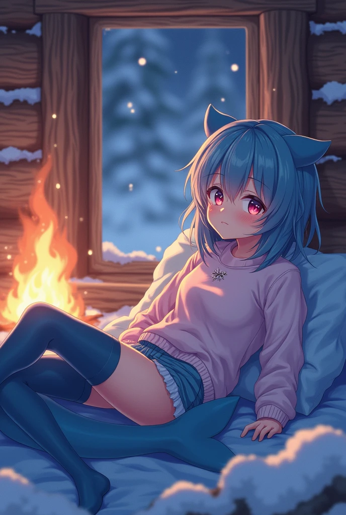 A 24 year old anime-style male dressed in a short shirt on with fishnets and thigh highs, garbed in soft shades of blue and pink, and he has a shark tail and ears . He is portrayed sleeping inside of a log cobin thats snowing and has a fire going in the backaround , he is sleeping in a cosy bed