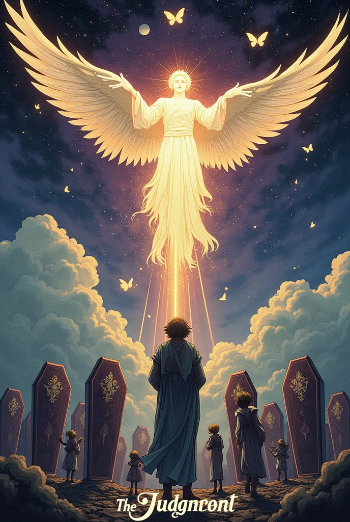A surreal and ethereal depiction of "The Judgement" tarot card in a graphic novel style, blending the whimsical fantasy of Miyazaki with the edgy, dynamic aesthetics of Chris Bachalo. The scene portrays a cosmic awakening, with figures rising from ornate, floating coffins amidst swirling clouds and celestial bodies. A colossal, androgynous angel with iridescent wings stretches across the sky, its trumpet emitting waves of luminous energy that ripple through the composition. The rising figures are diverse in age and appearance, their expressions a mix of awe and revelation. The color palette combines deep, rich purples and blues with bursts of golden light, creating a dramatic chiaroscuro effect. Intricate details adorn the coffins and the angel's robes, reminiscent of Miyazaki's attention to minute elements. The perspective is slightly tilted, offering a dynamic, off-kilter view that adds tension to the scene. In the foreground, shadowy hands reach upward, creating depth and drawing the viewer into the image. Translucent, glowing butterflies flutter across the frame, symbolizing transformation. The card's name, "The Judgement," is elegantly inscribed at the bottom in a font that echoes Art Nouveau style, with the letters subtly animated by wisps of ethereal smoke. The overall composition balances the grandiose with the intimate, capturing the profound moment of universal reckoning and personal rebirth.