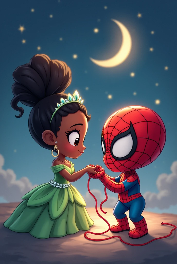 Tiana in a green princess dress with diamonds decorating her dress attached to Spiderman with the metaphor of the red thread that joins her fingers or that with the same red thread are joined to her fingers as if intertwined since they are connected and must be far from each other and with a surprised face but in love with the thread that unites them but the image must be chibi and tender and the background must be night with the moon and many stars