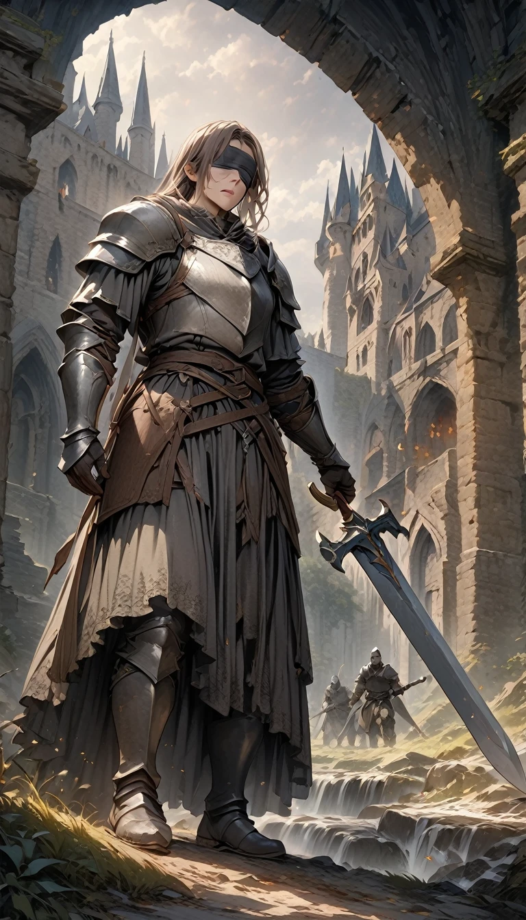 (8k unit wallpaper CG highly detailed, masterpiece, Highest quality, Very detailed), (((alone))), ((Wide Shot:1.5)), (Paladin with legendary sword), (Thematic Backgrounds), Medieval, Nice views, Dark and ominous environment, (Dark Souls 3, Illustrator, (Best illustrations),Blindfold