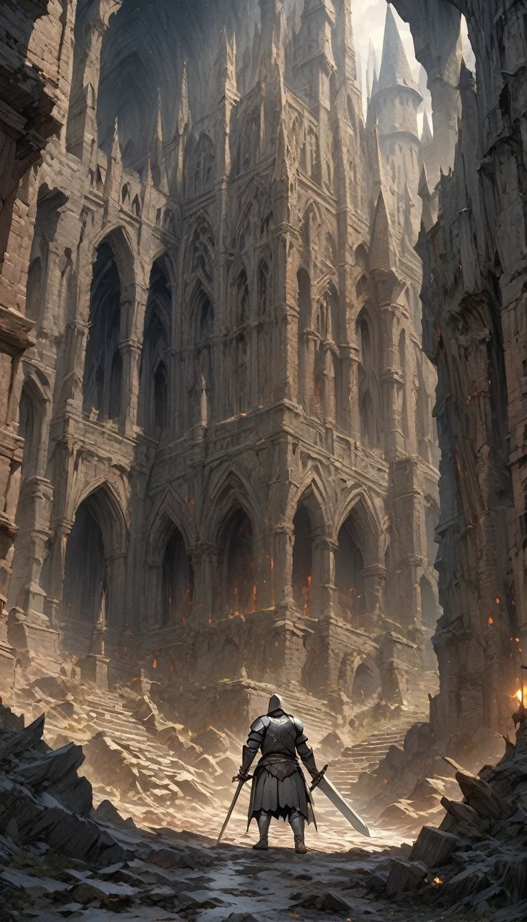 (8k unit wallpaper CG highly detailed, masterpiece, Highest quality, Very detailed), (((alone))), ((Wide Shot:1.5)), (Paladin with legendary sword), (Thematic Backgrounds), Medieval, Nice views, Dark and ominous environment, (Dark Souls 3, Illustrator, (Best illustrations),Blindfold