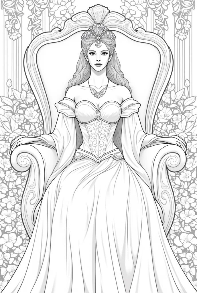 Lady queen in the chair flowers background coloring book pages black and white high details