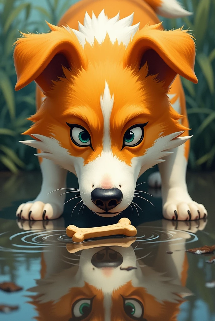 Show  yellow-orange and white dog face as he plots to take the 'other' bone in his mouth from the reflection, with a look of greed and anticipation little angry face