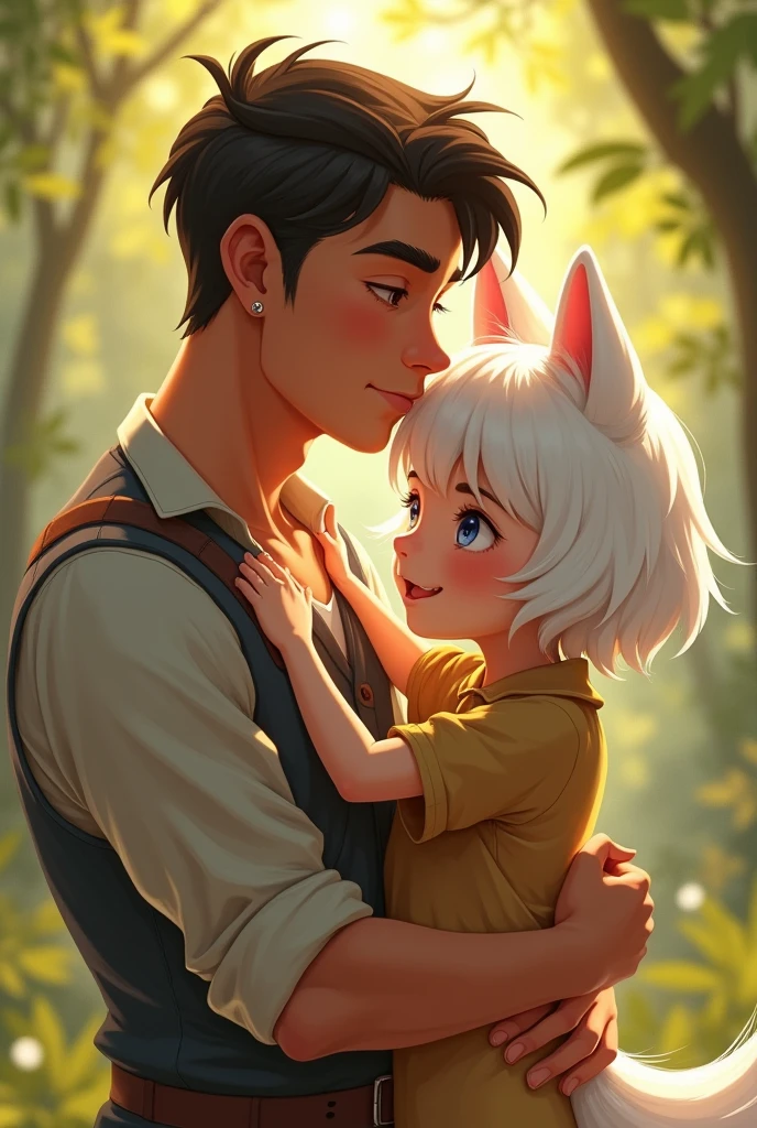A 27-year-old tall, handsome man holding a beautiful girl with short hair and white dog ears, about 5 years old