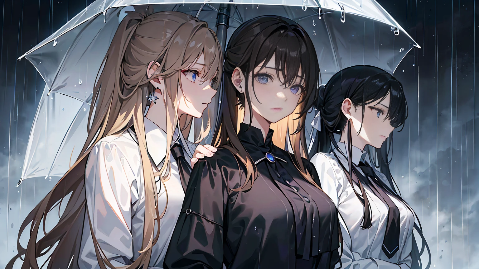 Light brown hair、((Long hair tied back))、Showing from the waist up、Black suit draped over shoulders、Wearing a white shirt underneath、black tie、Blue-violet eyes、((Rainy gray background))、Holding a large open umbrella。Beauty、(((Detailed picture)))、(((Detailed face)))、Looking down with cold eyes。emotionless expression。Large hoop earrings in the ears、Detailed Hair、Beautiful structural painting