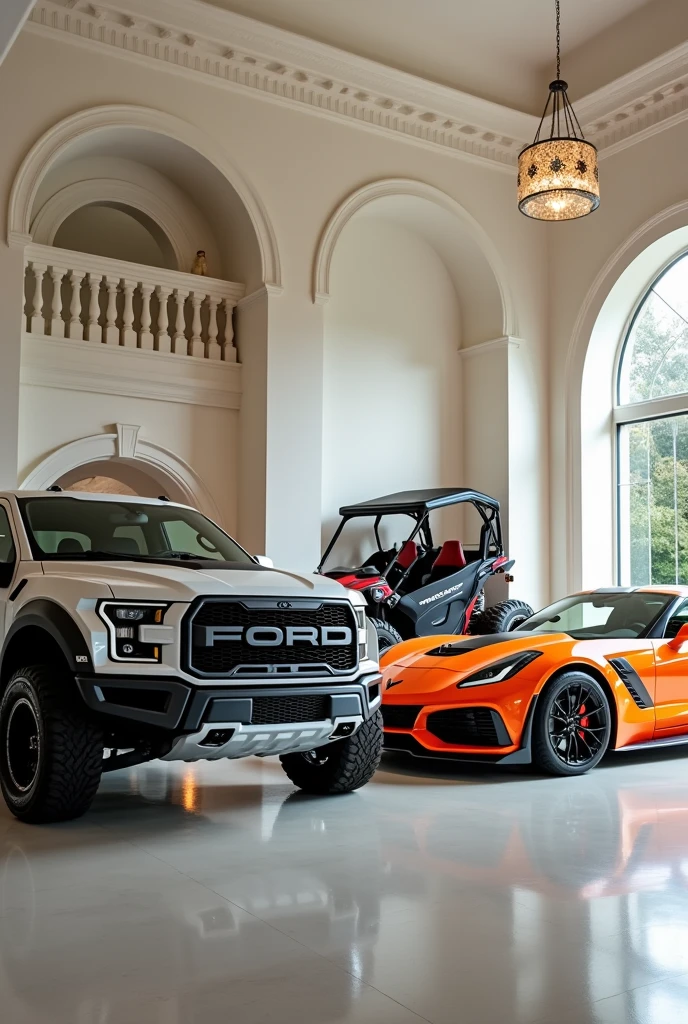 Photo of a gray Ford Raptor and an orange Chevrolet Corvette in a mansion garage with a Can Am Maverick behind