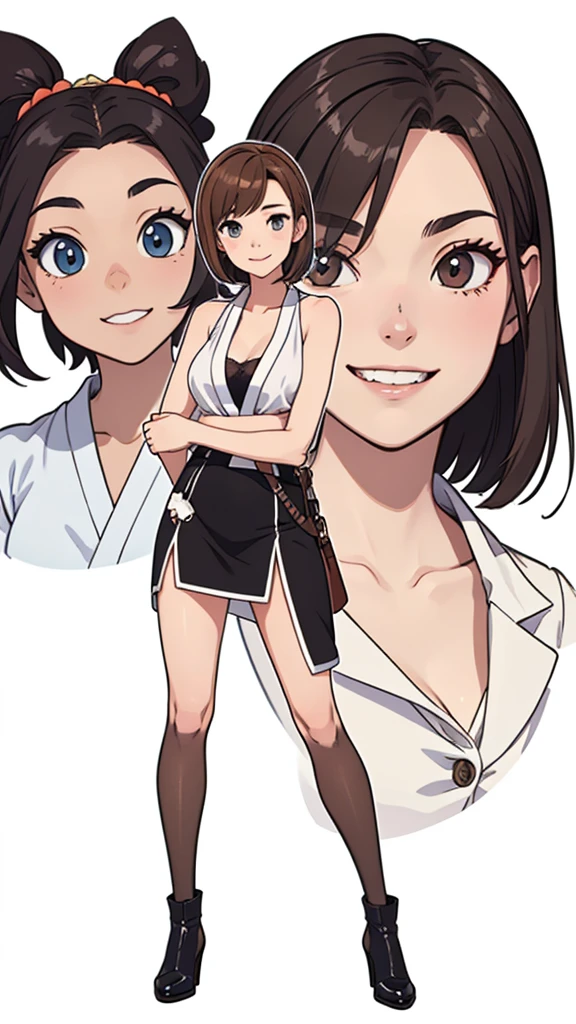 (((masterpiece, best quality, ultra highres, 1 girl, solo, no background))), super detailed skin and face and eyes and finger, beautiful japanese woman, small breasts:1.5, skinny, light brown hair, very short pixie hair, knee shot, white background, 2D anime, boyish, smile showing teeth, cartoon, nipples, Various clothes, Various poses, Please draw the entire character within the frame, ensuring that the head, arms and legs are not cut off, with the character positioned centrally, female genitals visible through tight clothing, Transparent tights,