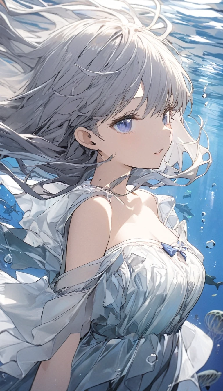 ((masterpiece、Highest quality))、(One Girl、solo:1.4)、Beautiful and fine details、Floating Hair、(Underwater:1.5)、Forms、Angel T、(jellyfish)、fluorescence、Sea Turtle、Seaweed、(Gray Hair,length:1.3),(blue eyes:1.3),(Underwaterに浮かぶ:1.5)