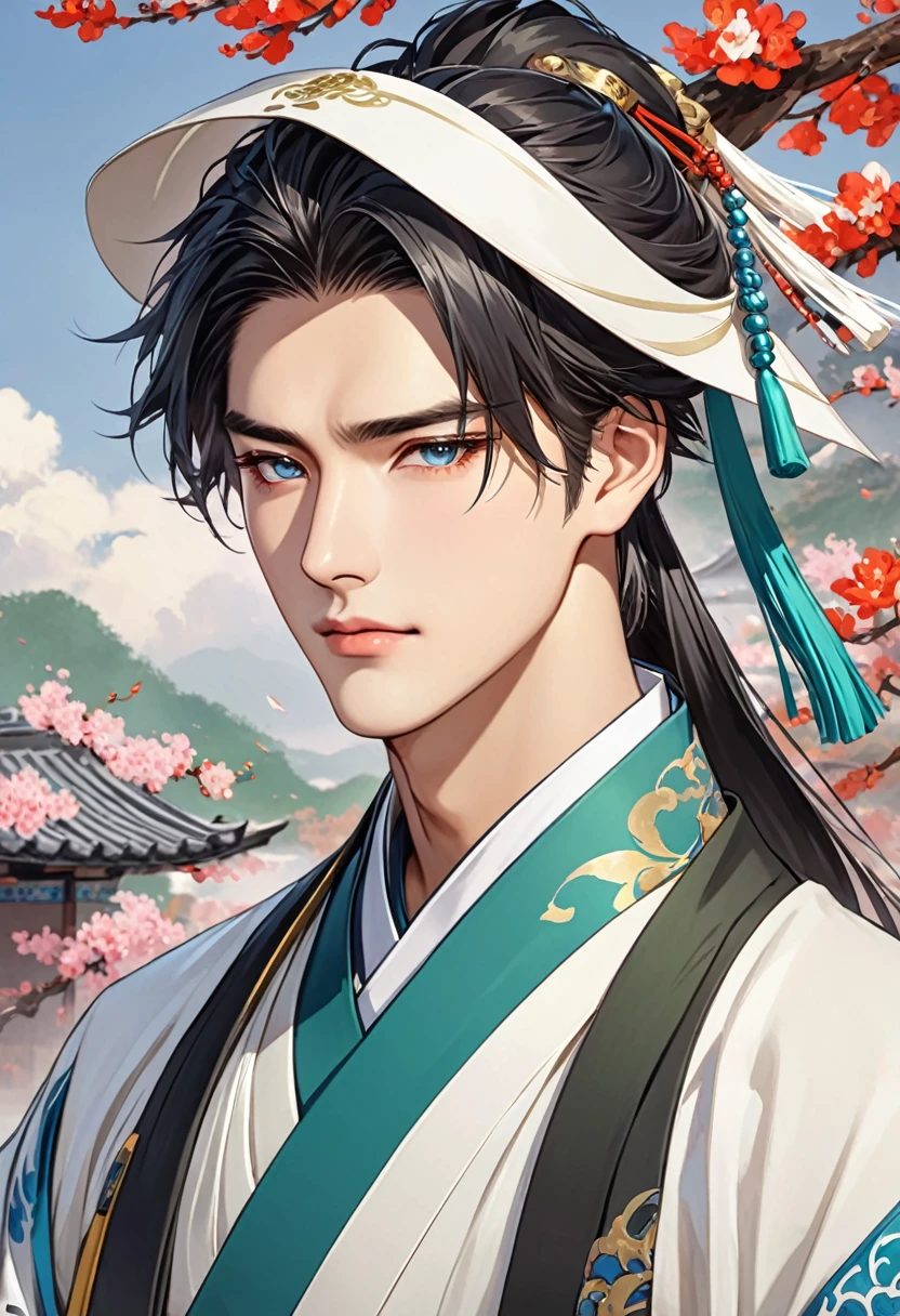Zhuge Liang, tactician, handsome, debt, wind, A young man in his twenties, youth, no beard, gentleness, 손에 debt를 듦,Wearing Jeongja-gwan on your head
