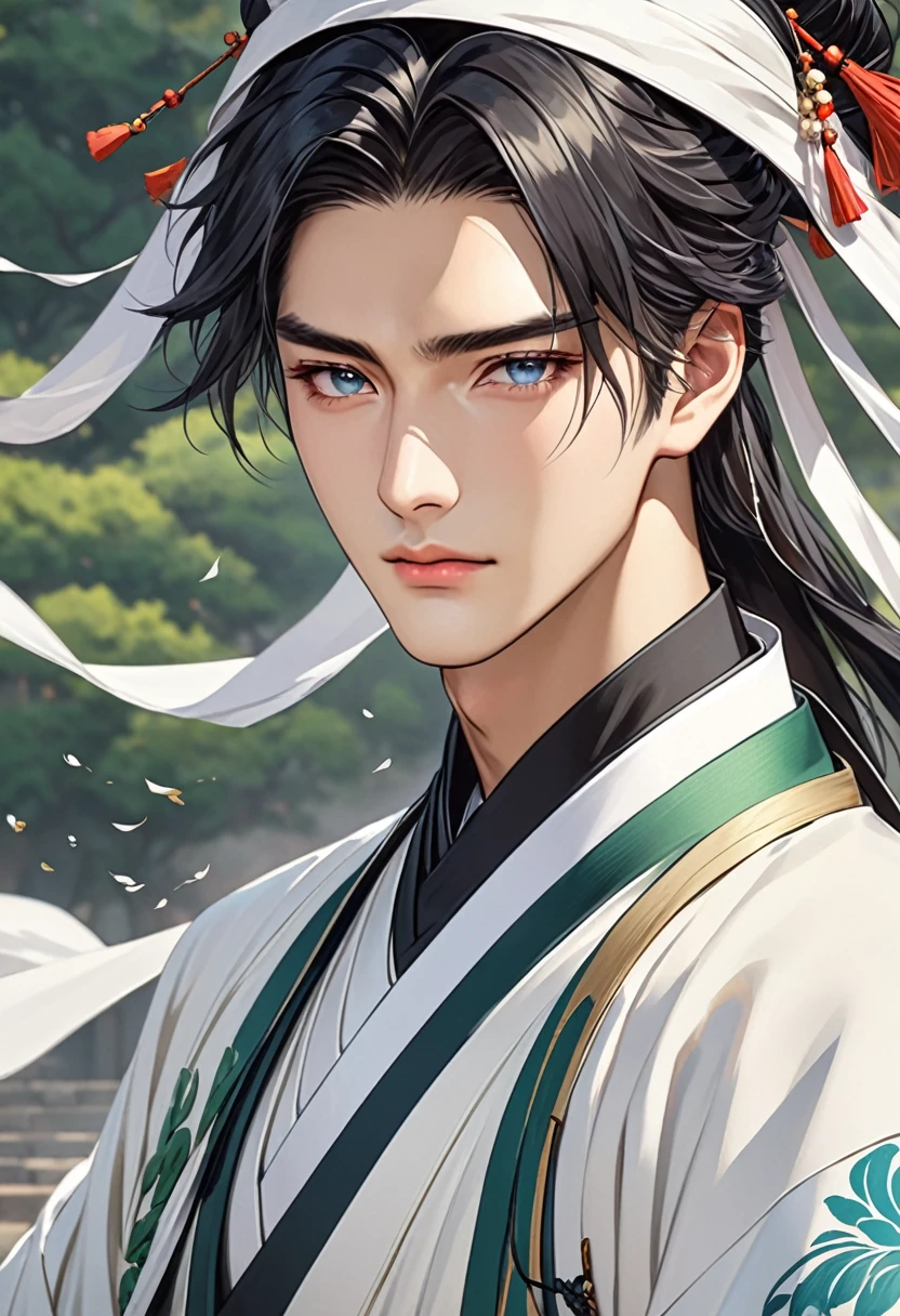 Zhuge Liang, tactician, handsome, debt, wind, A young man in his twenties, youth, no beard, gentleness, 손에 debt를 듦,Wearing Jeongja-gwan on your head