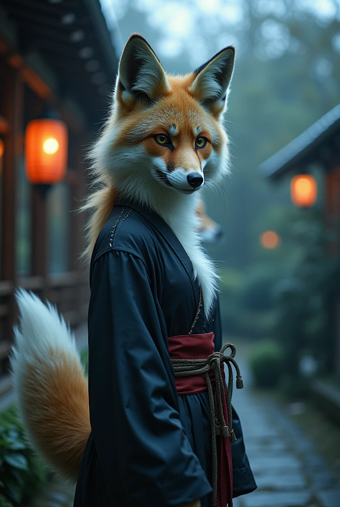 realistic, analog photo, Masterpiece, RAW photo, full-length portrait, hyper realistic, ultra detailed image, Kizune, (mythical Creature of Japanese Mythology And Folklore), detailed portrait of anthropomorphic she-fox, with fox tail, in traditional japan garden, moonlight, little spotlight, fractal, cover, detailed background, depth of field, HOF, hall of fame, detailed beautiful eyes, detailed beautiful face, natural body posture, lifelike skin texture, kodak portra 400, 16k, ultra detailed, bokeh lighting, dark fantasy atmospheric, fantasy aura, film grain, cinematic light, cinematic composition, depth of field, rim light