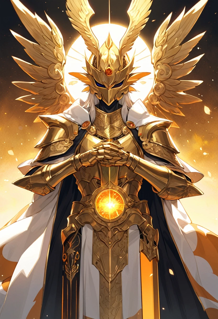 Saito Altura: 1,8 meters
Hair: Black and short
Body: Robust but not fat
Eyes: Gold
Mask: Covers the lower half of the face
Armor: Red with orange details, adorned with symbols related to the sun
Wings: Of golden light
Sword: Of golden light in one of his hands