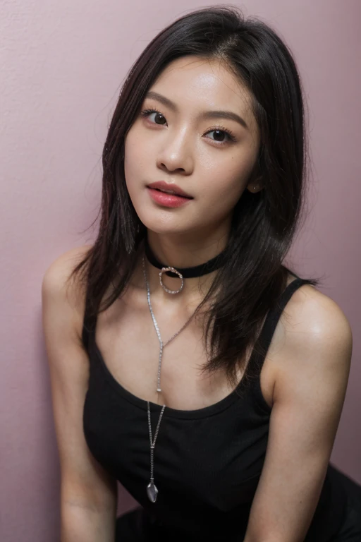 Prompt: Inspired by Michelle Chen (Michelle Chen), beautiful and attractive girl, 25-year-old Thai-Chinese girl, 162-centimeter height, natural-ivory skin tone, perfect face, small eyes, black eyes, ((Chinese droopy and monolid-eyes)), (clear-detailed eyes), centered-focus eyes, natural-gloss full lips, no-makeup looks, (2024 new-trend long bob haircut), ((pink, lavender and silver highlights on black hair)), (clear-detailed hairs), free the nipples, narrow shoulders, long neck, slim waist, rich-detailed skin texture, skin detention, (white crop-tops), high-waist blue skinny-denim, ((too-tight black color heart choker)), ((fine-detailed choker)), talk to the camera, sexy and funny in her eyes, studio portraiture, studio lighting, HDR, side view
