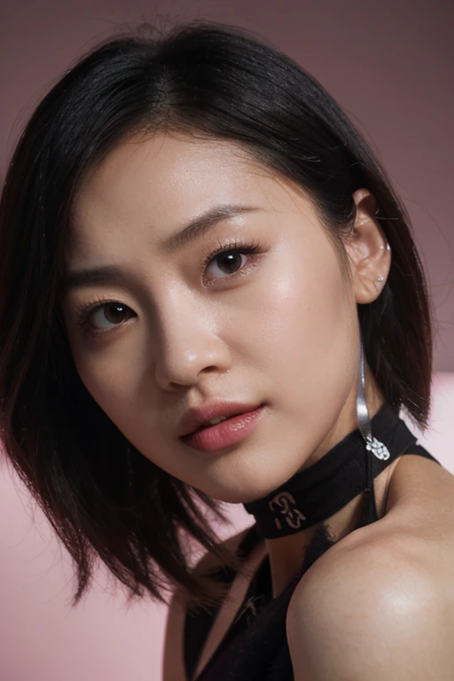 Prompt: Inspired by Michelle Chen (Michelle Chen), beautiful and attractive girl, 25-year-old Thai-Chinese girl, 162-centimeter height, natural-ivory skin tone, perfect face, small eyes, black eyes, ((Chinese droopy and monolid-eyes)), (clear-detailed eyes), centered-focus eyes, natural-gloss full lips, no-makeup looks, (2024 new-trend long bob haircut), ((pink, lavender and silver highlights on black hair)), (clear-detailed hairs), free the nipples, narrow shoulders, long neck, slim waist, rich-detailed skin texture, skin detention, (white crop-tops), high-waist blue skinny-denim, ((too-tight black color heart choker)), ((fine-detailed choker)), talk to the camera, sexy and funny in her eyes, studio portraiture, studio lighting, HDR, side view