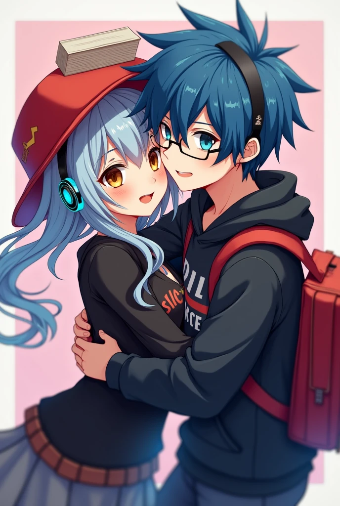 Anime girl with a red hat and a book on her head and blue-eyed headphones wearing black clothes with an epic face shirt hugging a blue-haired boy with glasses and a backpack and headphones