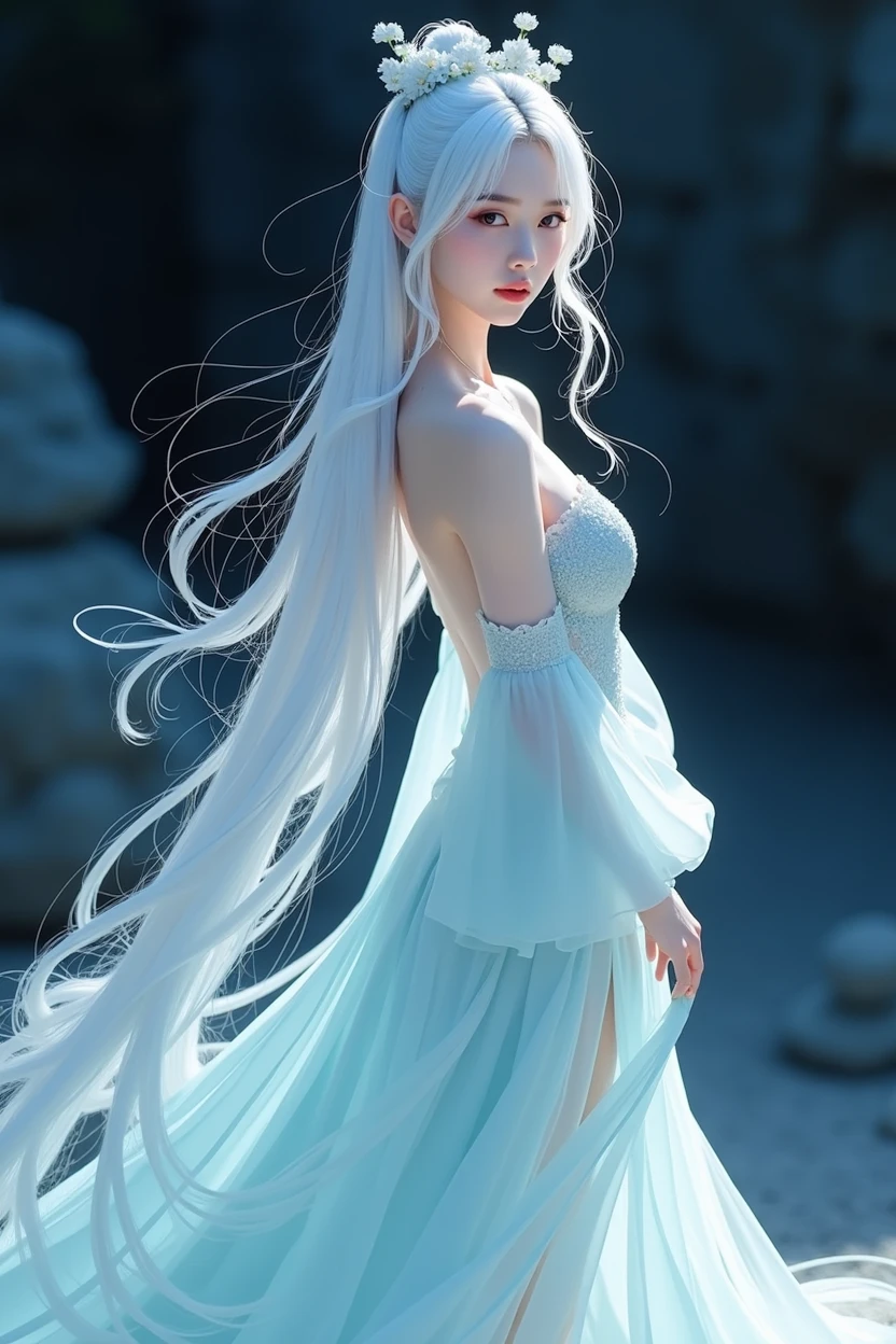 a close up of a woman with long hair wearing a dress, gorgeous chinese model, gorgeous young korean woman, beautiful south korean woman, cai xukun, beautiful young korean woman, full body xianxia, ruan jia beautiful!, yanjun chengt, beautiful girl model, by Yang J, inspired by Huang Ji, realistic. cheng yi, xianxia