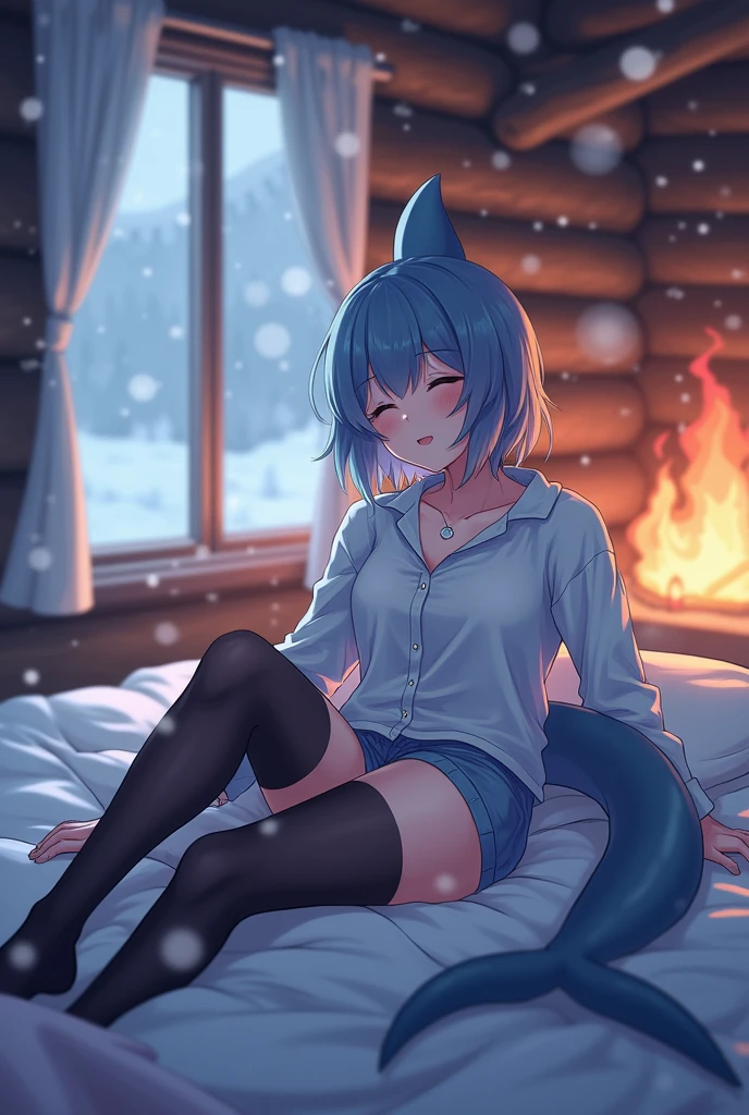 A 24 year old anime-style male dressed in a short shirt on with fishnets and thigh highs, garbed in soft shades of blue and pink, and he has a shark tail and ears . He is portrayed sleeping inside of a log cobin thats snowing and has a fire going in the backaround , he is sleeping in a cosy bed with his eyes closed