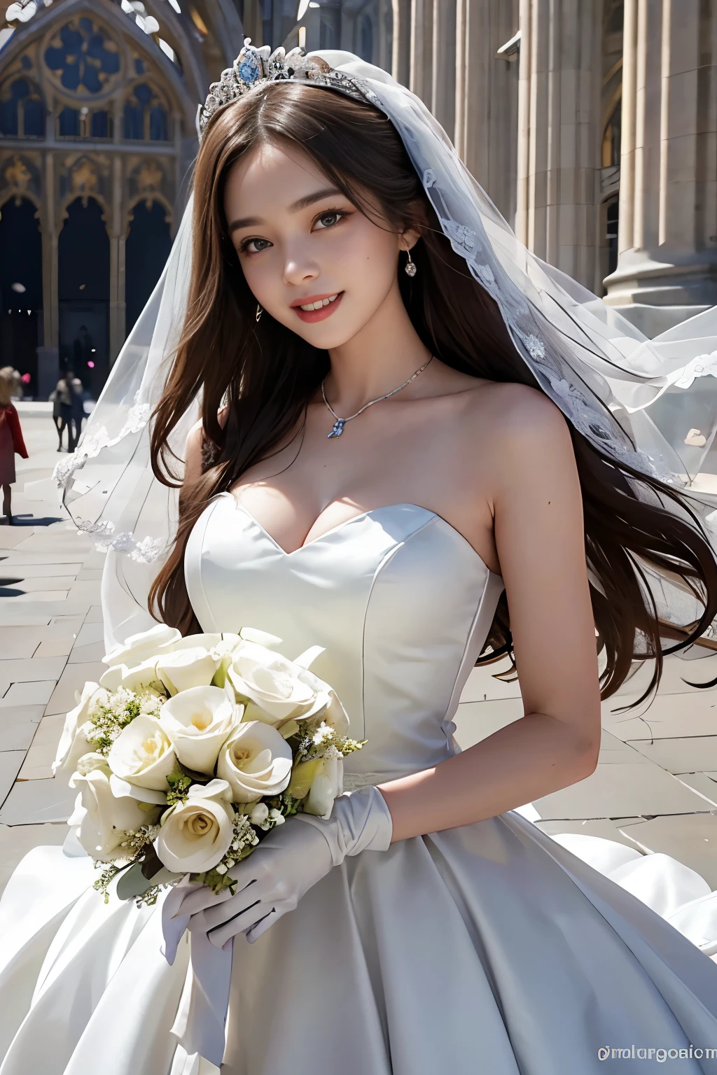 best quality, masterpiece, 1 girl, (huge laugh), cute , shiny lips, sweet, sun glare, Conservative attire, wedding dress, white gloves, bouquet, bridal tiara, depth of field, blurred background, Cathedral Background, light particles, strong wind, head tilt, long hair, ahego face