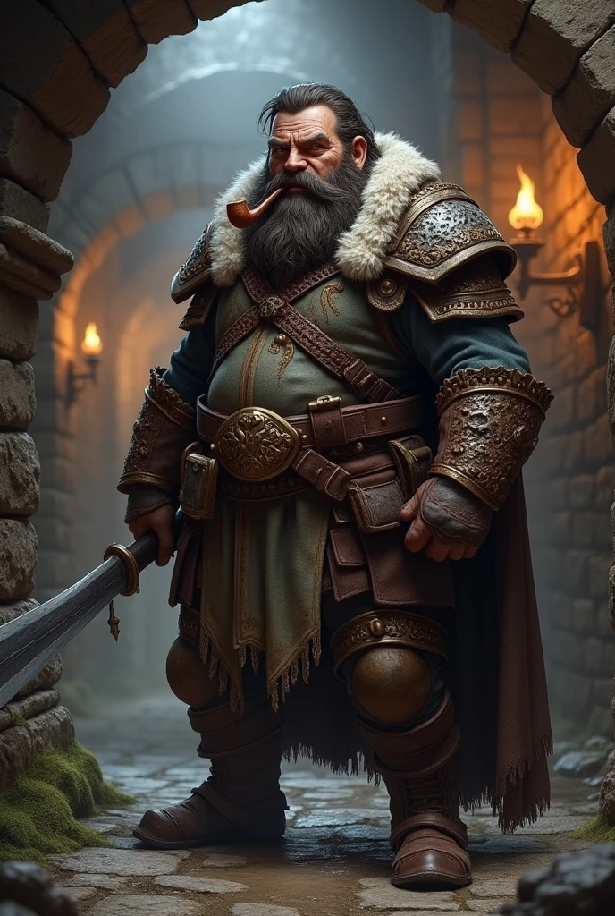 A handsome dwarf warrior from dungeons and dragons, has dark brown hair and a scar on his left eye, looks older, has a pipe. 