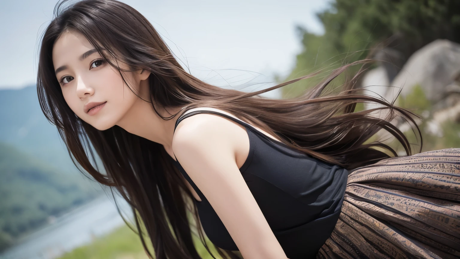 masterpiece, Highest quality, 1 girl, Brunette Hair, Exposing shoulders, Long Hair, dress, T-shirt Shots, Dynamic pose, Dynamic Angle,