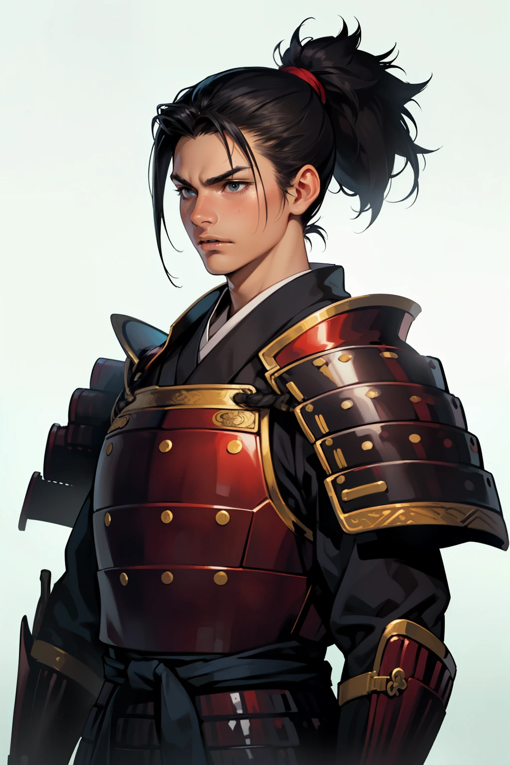 (high resolution, pixel perfect, gorgeous illustrations), (hyper quality, muste piece, etheric: 1.4), (((cowboy shot))), face focus, ((1girl)), ((solo)), (((Androgynous, boyish))), (((15 years old))), cool atmosphere, black hair, ((((low_ponytail)))), (((Exquisite face, anguish))), (slender, small breasts), fighter, (((samurai, armor))), simple background,