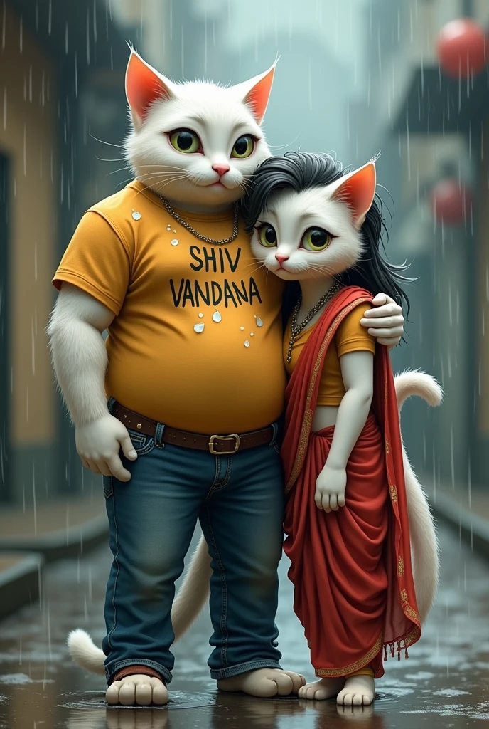 "Anthropomorphic cat characters, inspired by a couple standing together in the rain. The male cat is strong-built, wearing a soaked t-shirt with the words 'SHIV VANDANA' and jeans, while the female cat leans on his shoulder, her hair wet, wearing a drenched traditional outfit. Both characters have white fur, large expressive eyes, and human-like physiques. The scene is set against a rainy backdrop, with a realistic yet whimsical, cartoon-like twist."