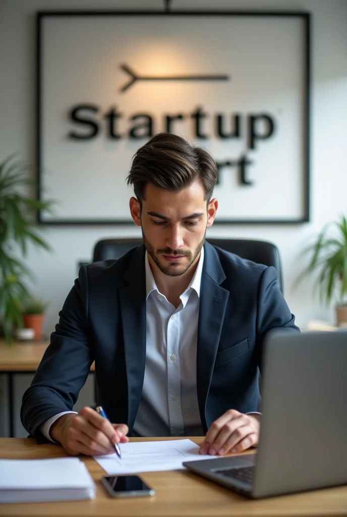 Young male entrepreneur wearing suit and siting on his office table in office. With working laptop and working accessories on table. "Startup Craft" is written on his back wall.