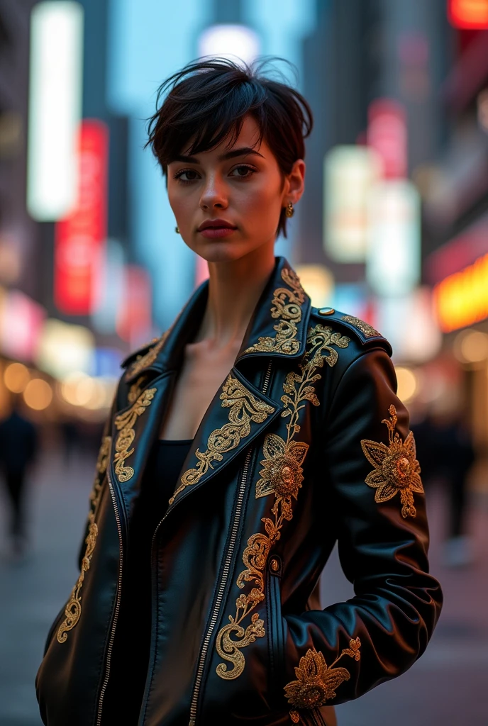 Create a striking image of a young woman standing confidently in a modern urban setting during the evening. She is wearing a sleek black leather jacket adorned with intricate golden embroidery, which catches the light and adds a regal touch to her outfit. The embroidery features elaborate patterns, possibly inspired by baroque or nature motifs, and contrasts beautifully with the shiny, smooth texture of the leather. The girl has a stylish, contemporary look with short, tousled hair and a confident expression, blending edgy fashion with elegance. The background features a cityscape with neon signs and tall buildings, giving the scene a vibrant, cosmopolitan feel