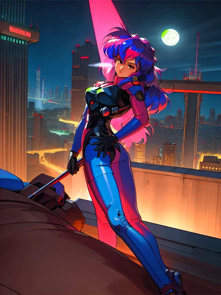 Kenichi Sonoda, retro art-style, bubblegum crisis, Sci-fi, Cyberpunk, Neon, Dystopia, On a full moon night, on the rooftop of a high-rise building, a figure is seen wearing a metal hard suit that covers the whole body from head to toe. It is made up of curved surfaces that give it a feminine bodyline., 1girl, solo, 18yo, Cool beauty, fearless look, masterpiece, very aesthetic, incredibly absurd resolution, absolutely resolution, ultra high resolution, professional, vivid colors, perfect anatomy, ideal facial features, ideally proportioned figure, perfectly beautiful body, super detailed, anime key-visual, all intricate, overall detail, Dynamic poses, Dutch angles, and extreme perspective