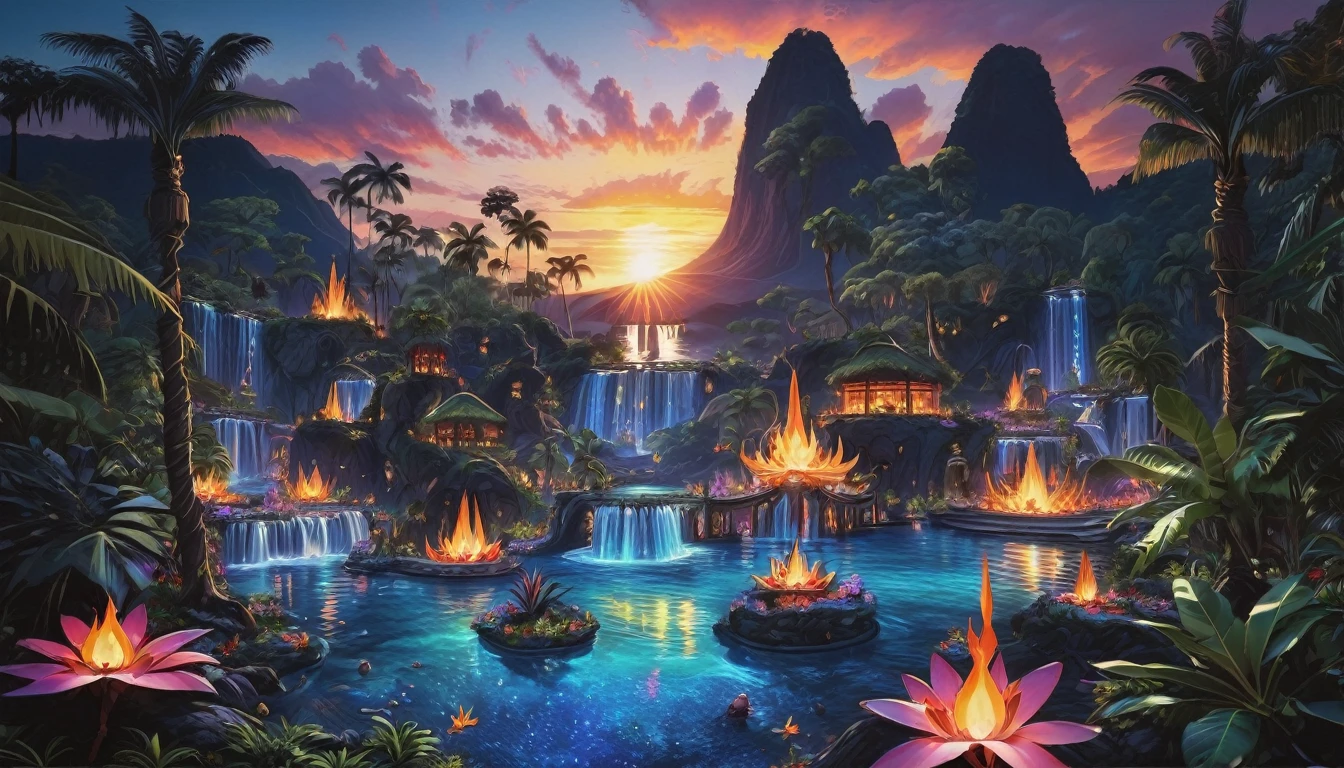 thick oil on canvas, vibrant professional pigments, epic fantasy, sunset, scenery,  hotspring in a Tropical Dry Forest, vibrant color scheme