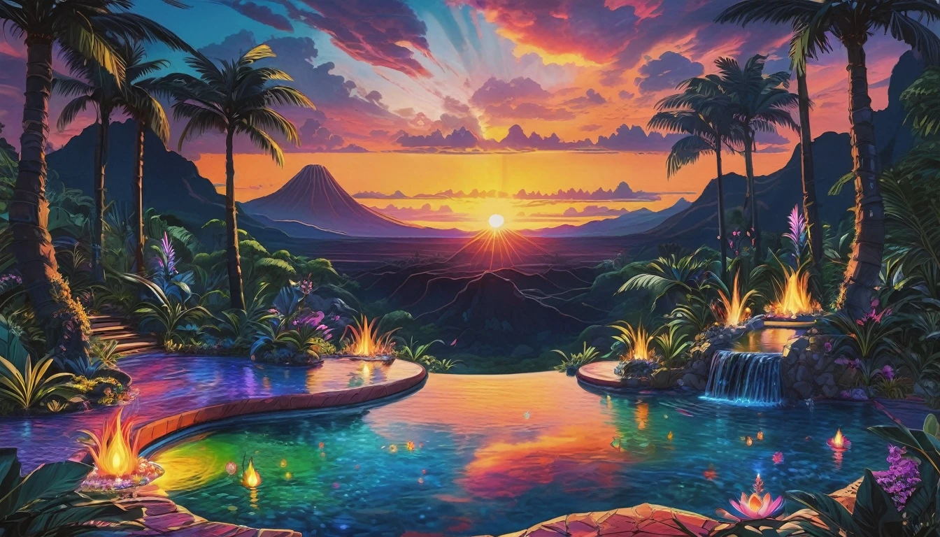 thick oil on canvas, vibrant professional pigments, epic fantasy, sunset, scenery,  hotspring in a Tropical Dry Forest, vibrant color scheme