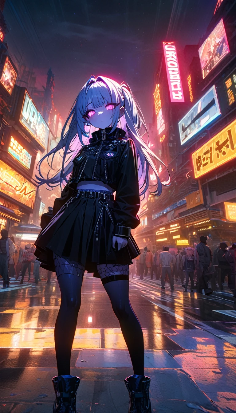 ((masterpiece, best quality)), very aesthetic, ultra detailed, intricate details, highly detailed, UHD, HDR, 8K, 30k likes in background, very tired goth girl, beautiful, 2077style, cyber pop style, perfect face, Silhouette creepy highschool girl in part at night with glowing eyes, night, atmosphere, detailed background, neat and clean, thin lines, vibrant environment background, (newest anime art style)