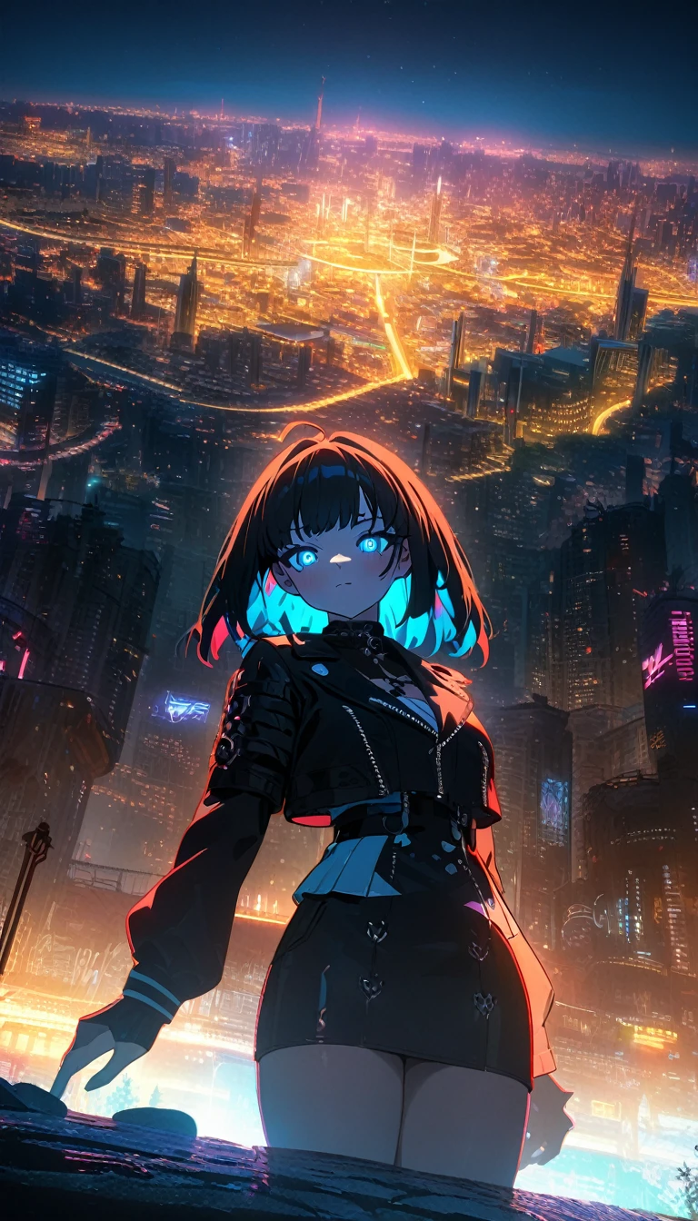 ((masterpiece, best quality)), very aesthetic, ultra detailed, intricate details, highly detailed, UHD, HDR, 8K, 30k likes in background, very tired goth girl, beautiful, 2077style, cyber pop style, perfect face, Silhouette creepy highschool girl in part at night with glowing eyes, night, atmosphere, detailed background, neat and clean, thin lines, vibrant environment background, (newest anime art style)