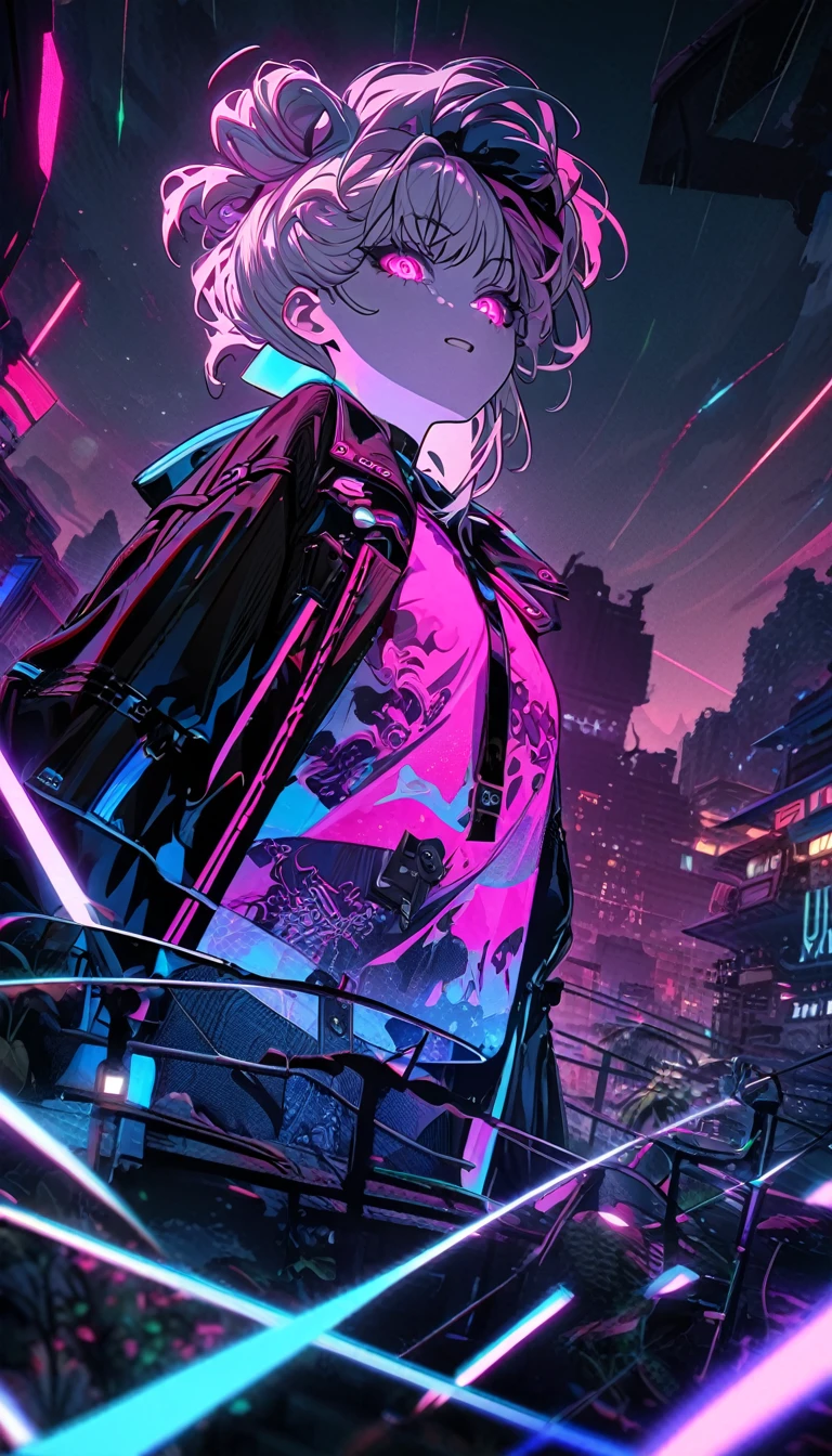 ((masterpiece, best quality)), very aesthetic, ultra detailed, intricate details, highly detailed, UHD, HDR, 8K, 30k likes in background, very tired goth girl, beautiful, 2077style, cyber pop style, perfect face, Silhouette creepy highschool girl in part at night with glowing eyes, night, atmosphere, detailed background, neat and clean, thin lines, vibrant environment background, (newest anime art style)