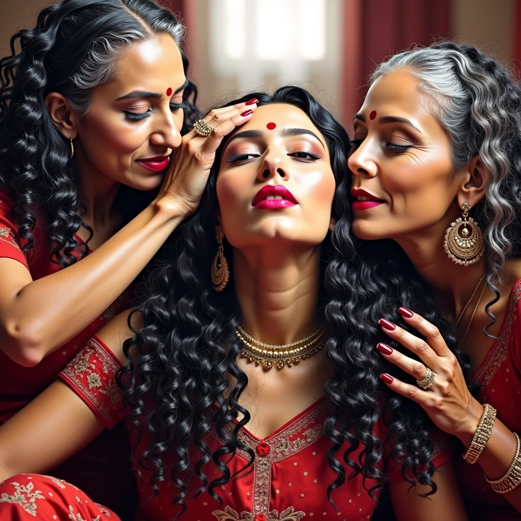 in bright light flooded wedding bed,3 eldery indian ladies in red wedding attrie,black 3c curly hairs,like rapunzel noodles,Flooded with 100 liters of oil over thier hair,hairs like oil pulp,hairlines are all together till the end,kissing scalp keeping tongues out,red lipsstick,