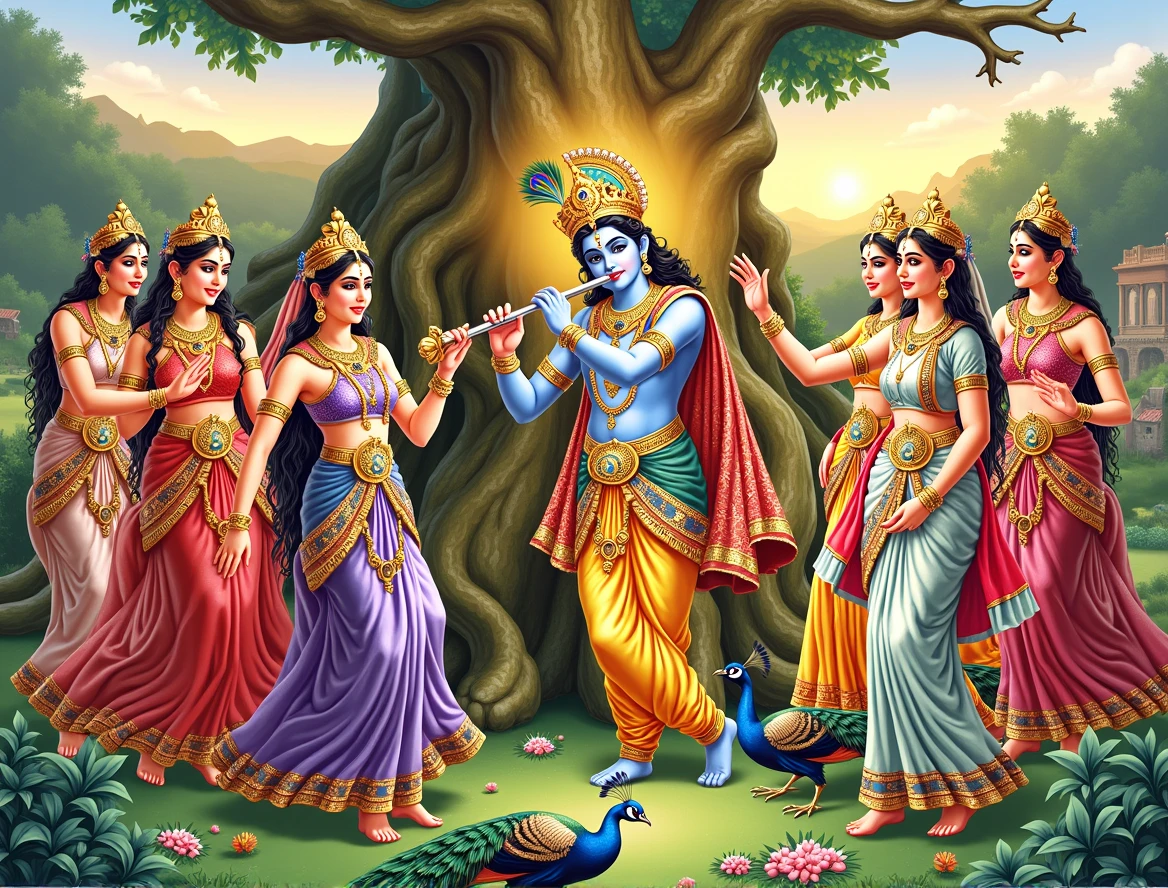 "A hyper-realistic depiction of Lord Krishna performing Raas Leela with Radha and other Gopis in a lush, vibrant forest setting. Krishna is playing the flute with divine grace, wearing a golden crown adorned with peacock feathers, and dressed in traditional, intricately detailed royal attire. Radha, standing beside him, is dressed in a rich, flowing sari with intricate patterns, and her face radiates with divine beauty. The other Gopis, in colorful traditional dresses, are dancing gracefully around them, holding flowers and musical instruments like veenas and dhols. The scene is set under a large, ancient tree with its branches extending overhead, casting dappled light. Peacocks and other birds are perched nearby, adding to the divine ambiance. The background features a serene landscape with distant mountains and a golden-hued sky during twilight. The overall image should convey a sense of divine joy, spiritual connection, and the eternal love between Krishna and Radha."