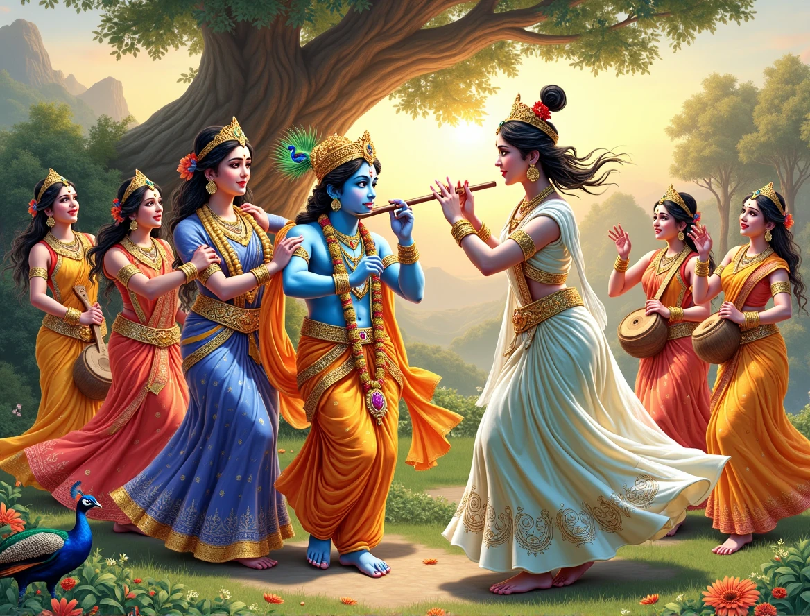 
"A hyper-realistic depiction of Lord Krishna performing Raas Leela with Radha and other Gopis in a lush, vibrant forest setting. Krishna is playing the flute with divine grace, wearing a golden crown adorned with peacock feathers, and dressed in traditional, intricately detailed royal attire. Radha, standing beside him, is dressed in a rich, flowing sari with intricate patterns, and her face radiates with divine beauty. The other Gopis, in colorful traditional dresses, are dancing gracefully around them, holding flowers and musical instruments like veenas and dhols. The scene is set under a large, ancient tree with its branches extending overhead, casting dappled light. Peacocks and other birds are perched nearby, adding to the divine ambiance. The background features a serene landscape with distant mountains and a golden-hued sky during twilight. The overall image should convey a sense of divine joy, spiritual connection, and the eternal love between Krishna and Radha."