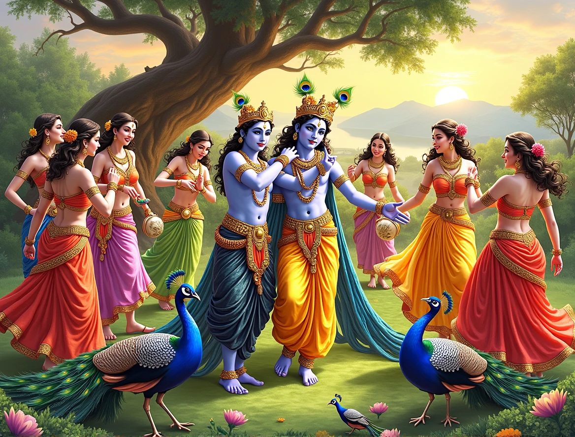 "A hyper-realistic depiction of Lord Krishna performing Raas Leela with Radha and other Gopis in a lush, vibrant forest setting. Krishna is playing the flute with divine grace, wearing a golden crown adorned with peacock feathers, and dressed in traditional, intricately detailed royal attire. Radha, standing beside him, is dressed in a rich, flowing sari with intricate patterns, and her face radiates with divine beauty. The other Gopis, in colorful traditional dresses, are dancing gracefully around them, holding flowers and musical instruments like veenas and dhols. The scene is set under a large, ancient tree with its branches extending overhead, casting dappled light. Peacocks and other birds are perched nearby, adding to the divine ambiance. The background features a serene landscape with distant mountains and a golden-hued sky during twilight. The overall image should convey a sense of divine joy, spiritual connection, and the eternal love between Krishna and Radha."