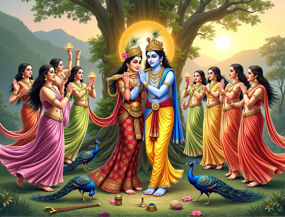 "A hyper-realistic depiction of Lord Krishna performing Raas Leela with Radha and other Gopis in a lush, vibrant forest setting. Krishna is playing the flute with divine grace, wearing a golden crown adorned with peacock feathers, and dressed in traditional, intricately detailed royal attire. Radha, standing beside him, is dressed in a rich, flowing sari with intricate patterns, and her face radiates with divine beauty. The other Gopis, in colorful traditional dresses, are dancing gracefully around them, holding flowers and musical instruments like veenas and dhols. The scene is set under a large, ancient tree with its branches extending overhead, casting dappled light. Peacocks and other birds are perched nearby, adding to the divine ambiance. The background features a serene landscape with distant mountains and a golden-hued sky during twilight. The overall image should convey a sense of divine joy, spiritual connection, and the eternal love between Krishna and Radha."