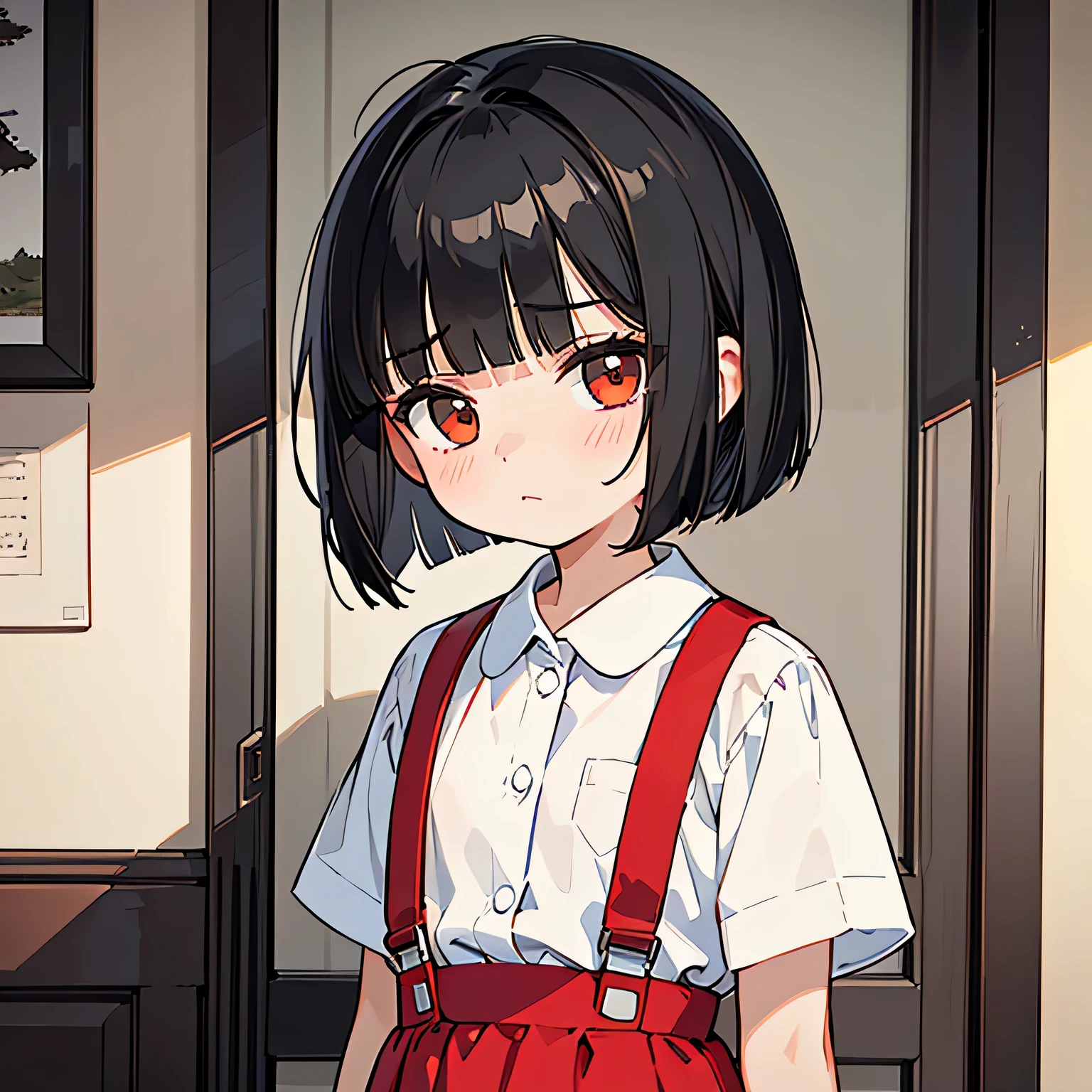 Masterpiece, highest quality illustrations、A quiet 9--old l、Bob cut with blunt bangs、A quiet-looking girl with a bob haircut、A girl with short black hair wearing a white shirt and a red skirt with red suspenders、Sulky expression、A composition that captures the entire upper body