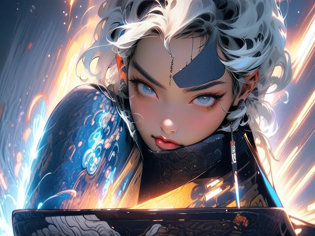 boy，With a mecha helmet，White hair，Looking at the audience，jacket，A book in front of me\（It emits a blue glow，Vintage book pages，Spread out），Extreme image quality，high resolution，High Detail