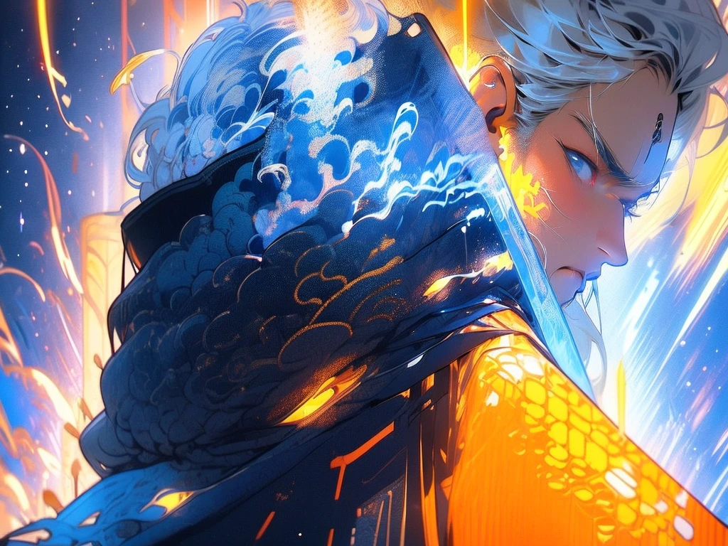 boy,With a mecha helmet,White hair,Looking at the audience,jacket,A book in front of me\(It emits a blue glow,Vintage book pages,Spread out),Extreme image quality,high resolution,High Detail