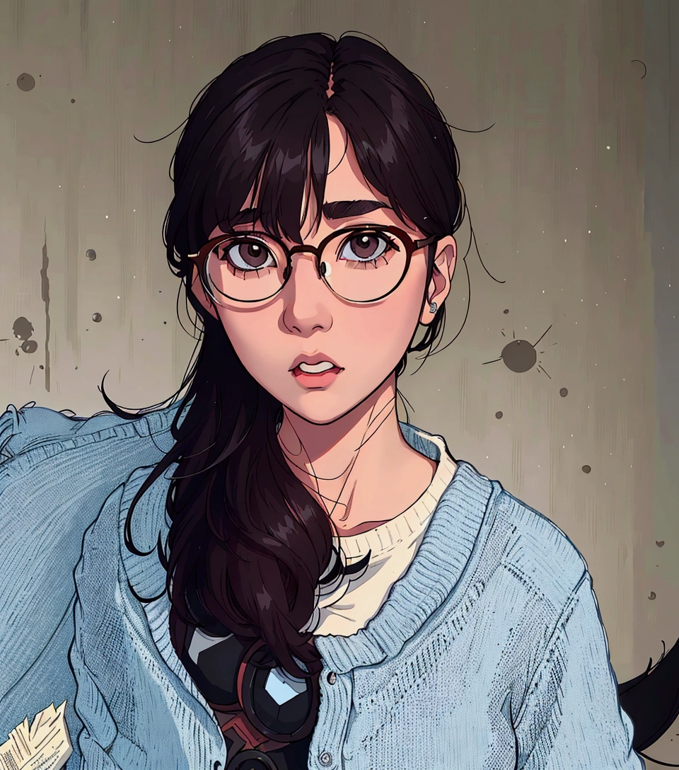 (best quality:0.8) perfect anime illustration, there is a woman with glasses and a sweater holding a cell phone, ulzzang, with glasses, wearing thin large round glasses, wearing small round glasses, neat hair with bangs, spectacled, korean girl, with black eyeglasses, girl wearing round glasses, wearing round glasses, thin round glasses, thick round spectacles, with bangs
