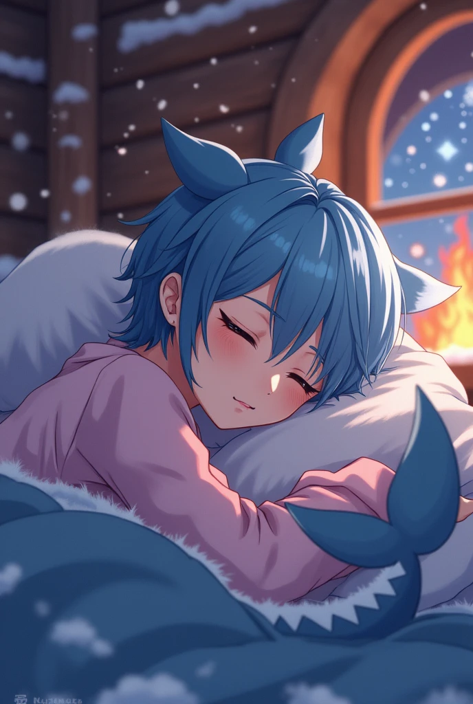 A 24 year old anime-style male dressed in a short shirt on with fishnets and thigh highs, garbed in soft shades of blue and pink, and he has a shark tail and ears . He is portrayed sleeping inside of a log cobin thats snowing and has a fire going in the backaround , he is sleeping in a cosy bed with his eyes closed