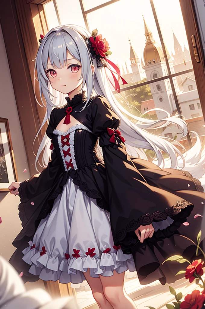 Alone,night,In the room,An expression of anticipation,Cute loli girl,Transparent Pajamas,Transparent sleeves,Obsessed,Petal edges,Light,Fluffy,Divine decoration,Sacred Theme,Lace,Ruffles,Extremely detailed CG 8k wallpaper,Best quality,masterpiece,high resolution,Delicate and beautiful face,Exquisite clothes