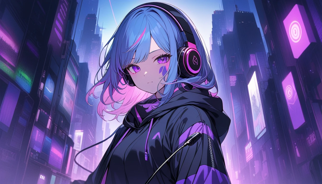 Super detailed,1 girl, alone, hoodie, Facial Contour, headphone, RGB lighting headphones, headphones with Purple lighting, headphone with cable, Purple lighting, city, night city,Blue Hair, Pink Hair
