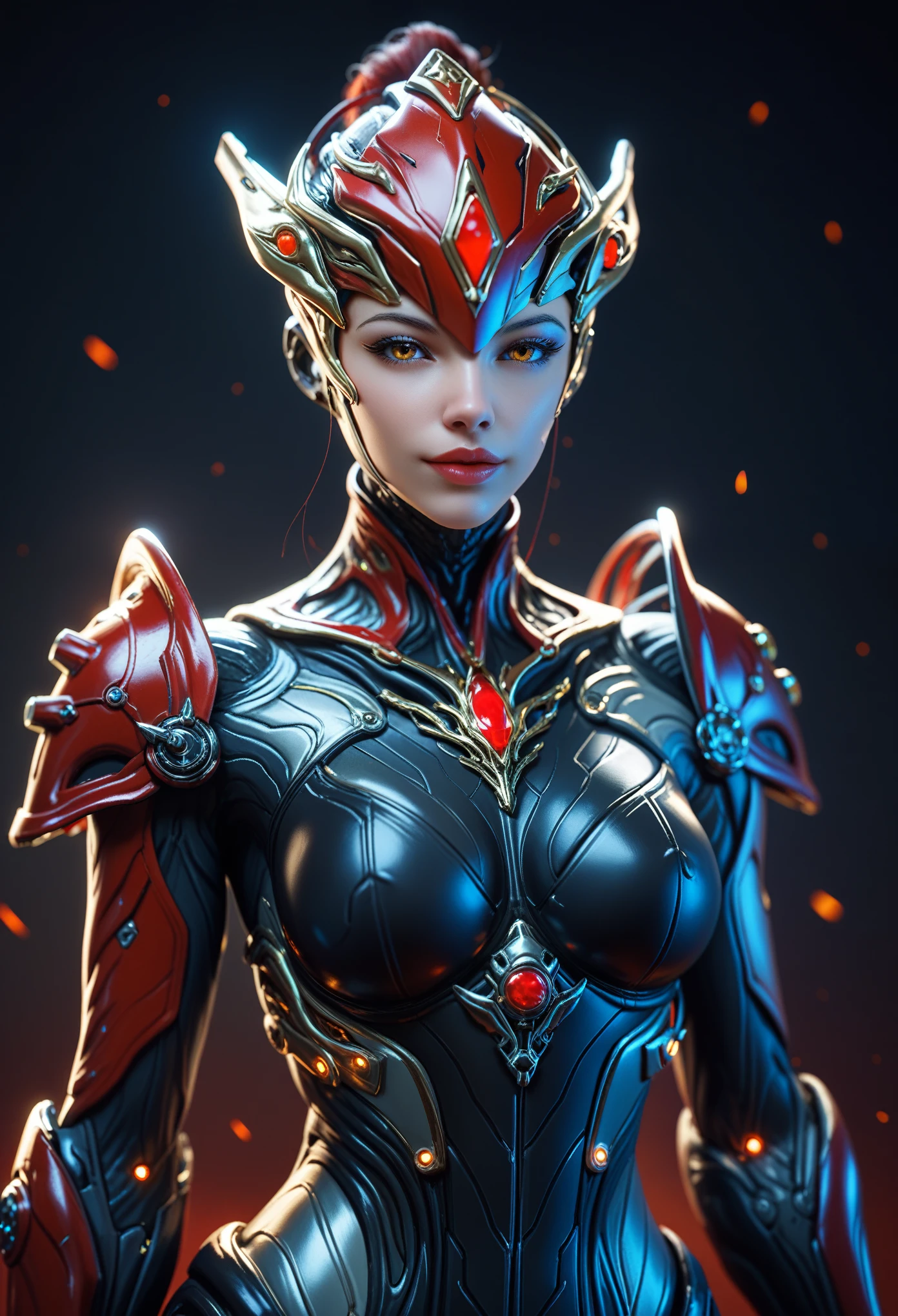 score_9, score_8_up, score_7_up, Wear mechanical clothing, Wonders of the machine, cyber, Cybernetic Guardian, Futuristic Armor, whole body, Front pose, Symmetric, Complex (Steel Metal [rust]), joint, Warframe style, cyborg, Female body and black white and red armor, beautiful lips, 