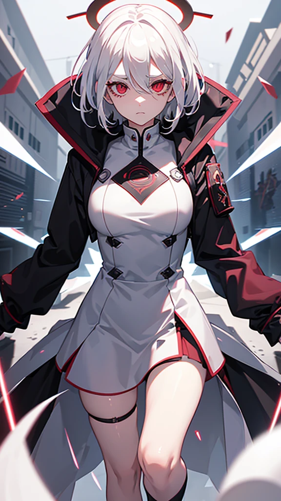 1girl, white hair, wild hair, red eyes, (white eyelashes:1.2), emotionless, red glow halo, mature, black coat, short hair, (chromatic aberration:1.2), reality break, destruction city, solo, (evil godness:1.2), digital dissolve, dynamic pose