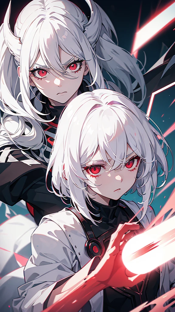 1girl, white hair, wild hair, red eyes, (white eyelashes:1.2), emotionless, red glow halo, mature, black coat, short hair, (chromatic aberration:1.2), reality break, destruction city, solo, (evil godness:1.2), digital dissolve, dynamic pose